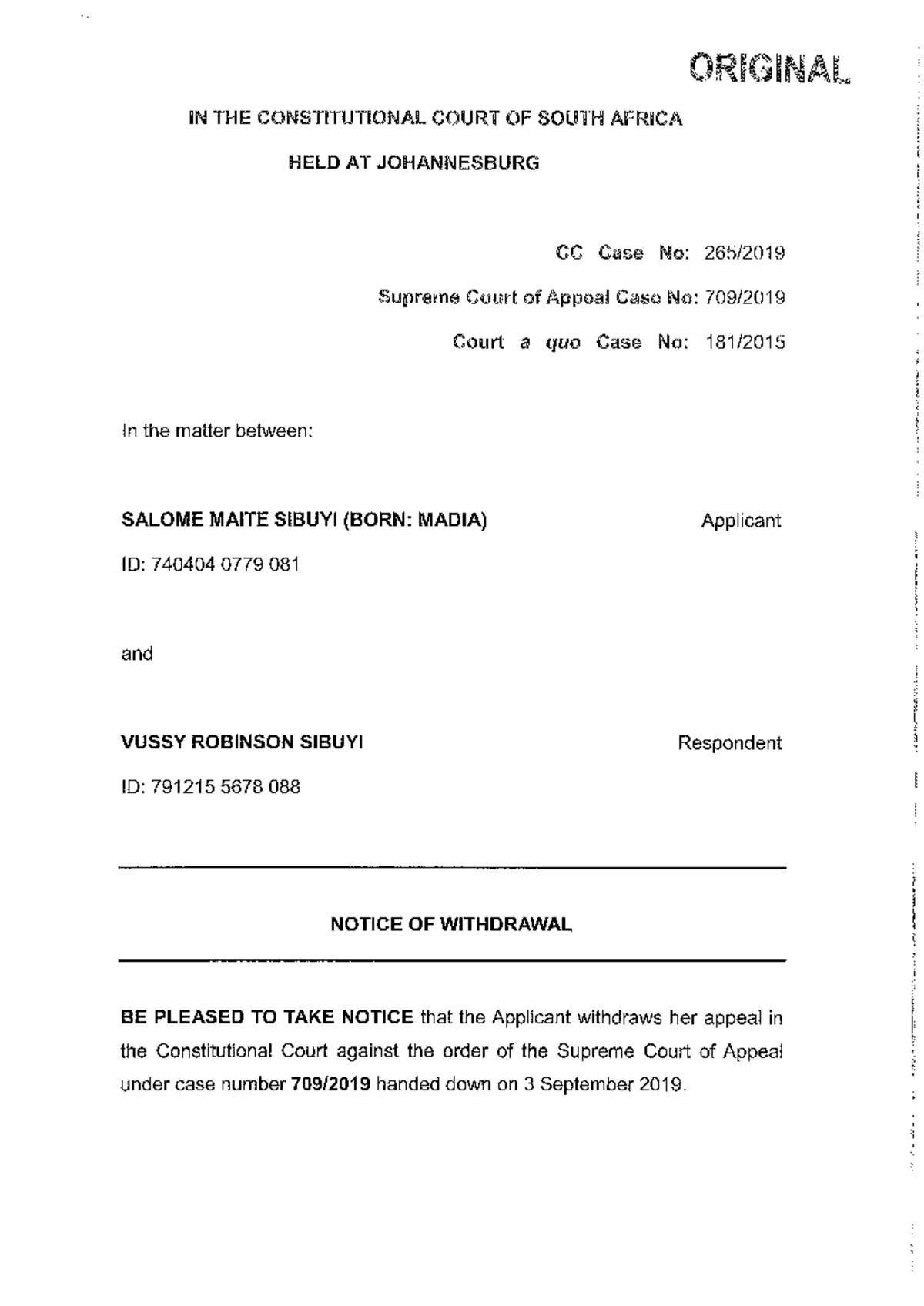 Notice of withdrawal case law - ORIGINAL IN THE CONSTITUTIONAL COURT OF ...