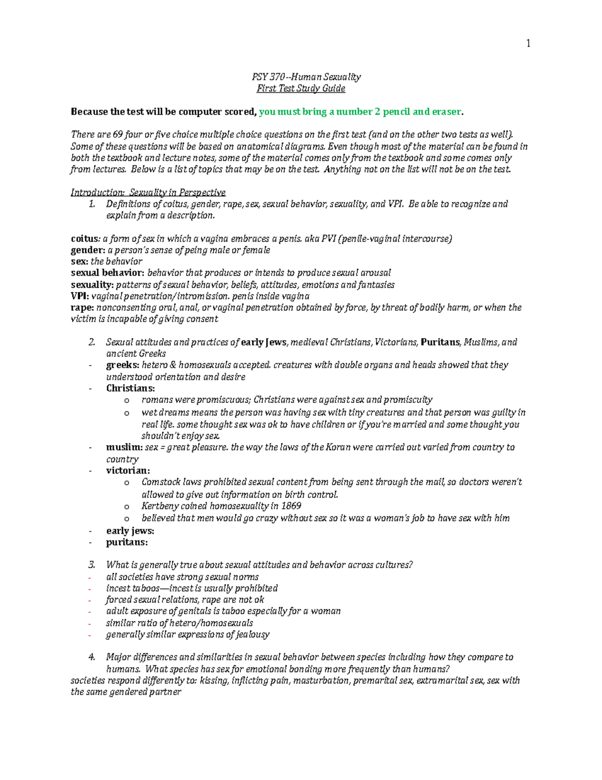 Test 1 Study Guide - 1 PSY 370-Human Sexuality First Test Study Guide ...