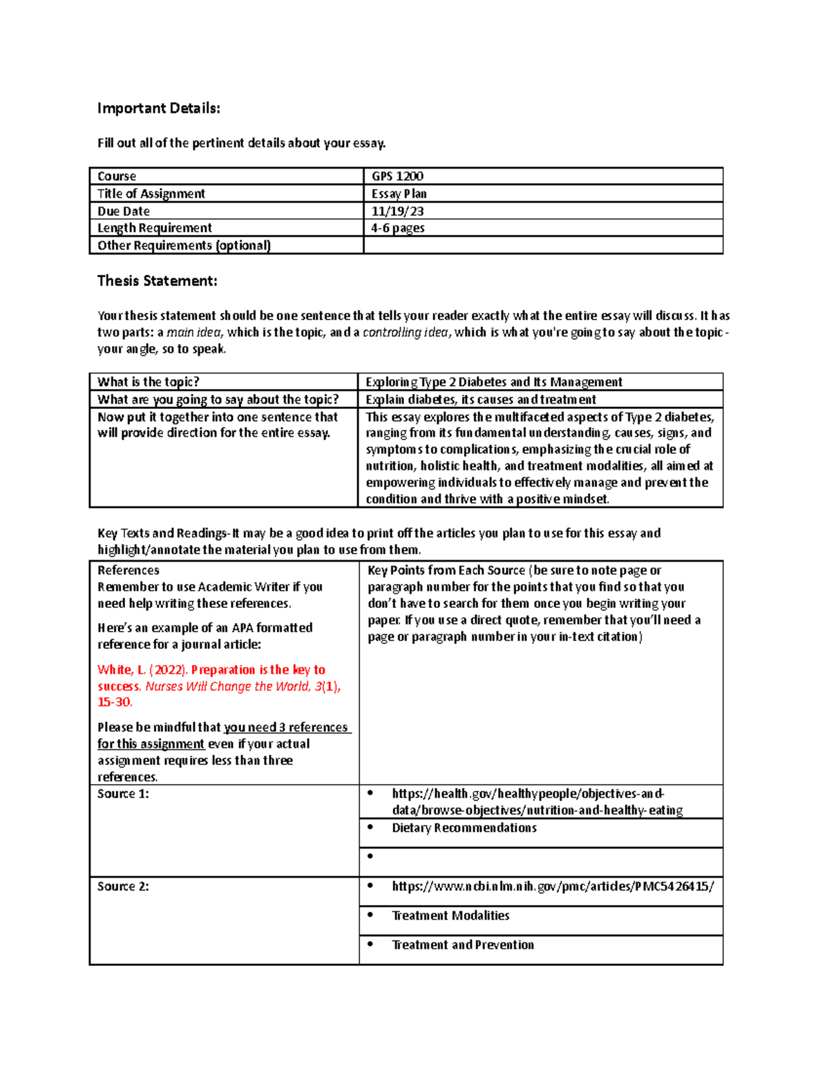 Essay Plan - Assignment - Important Details: Fill out all of the ...