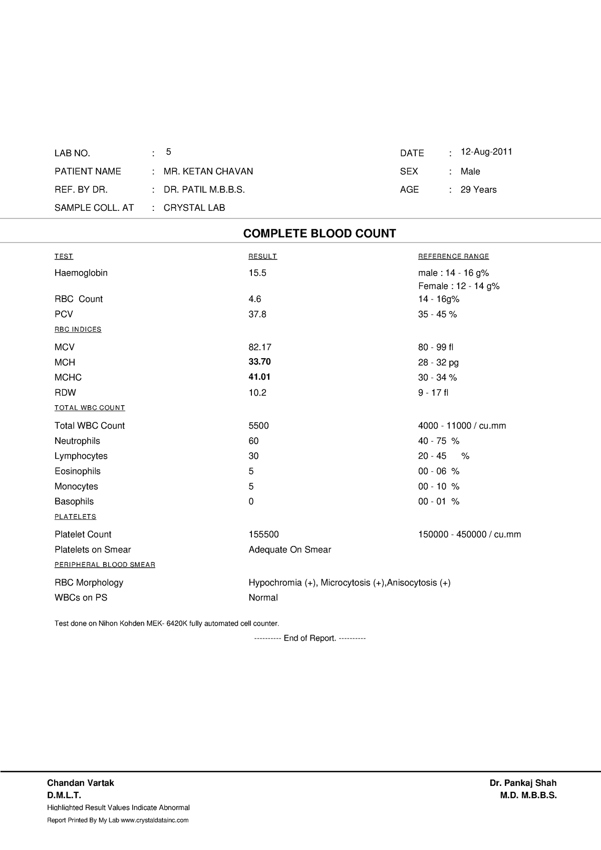 Complete-blood-count - TEST RESULT COMPLETE BLOOD COUNT PATIENT NAME MR ...