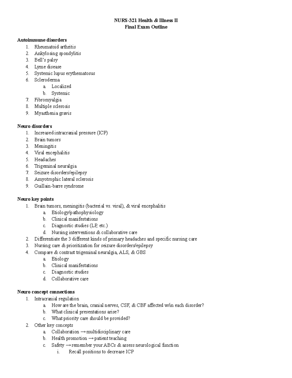 Final exam outline NURS321 Health & Illness II Final Exam Outline