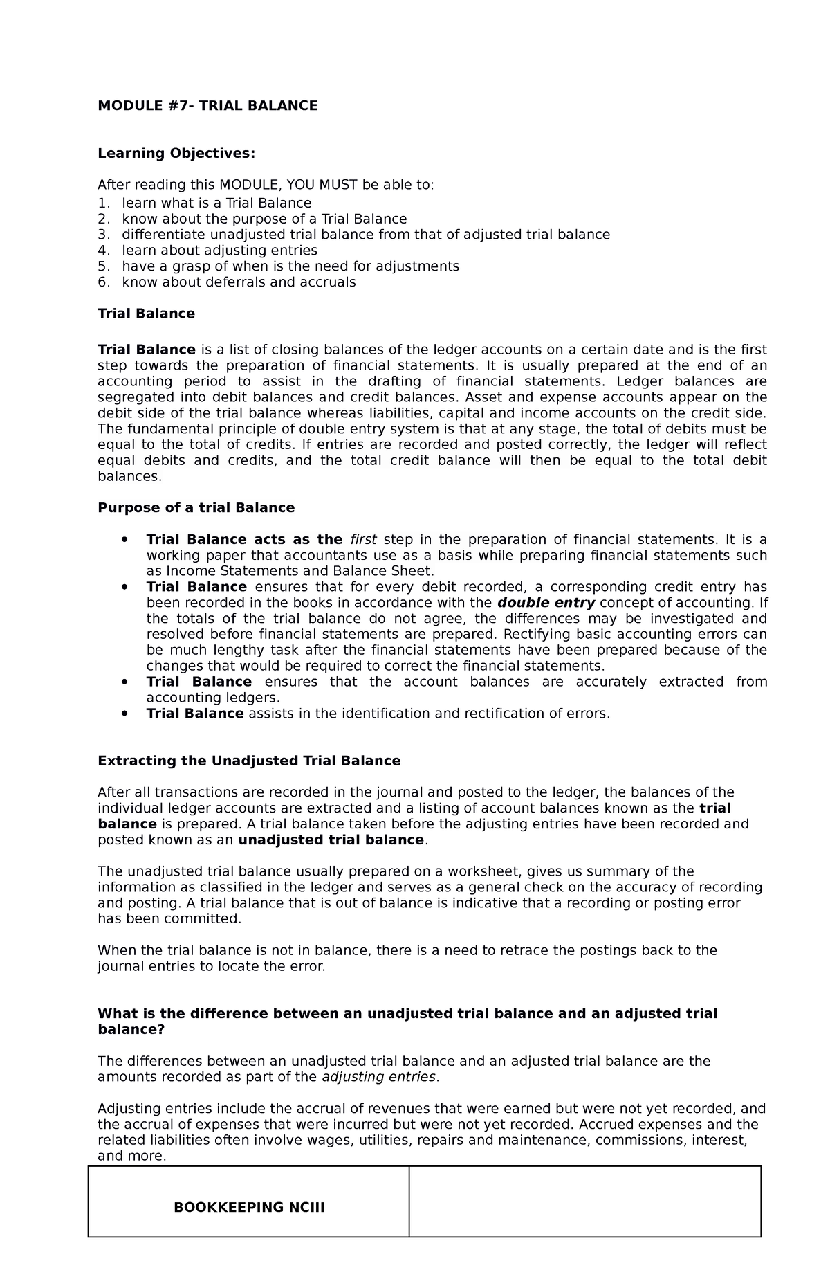 Module #7 in Bookkeeping - MODULE #7- TRIAL BALANCE Learning Objectives ...