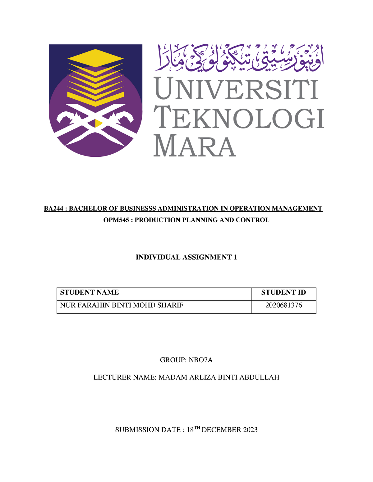 Assignment 1 - BA244 : BACHELOR OF BUSINESSS ADMINISTRATION IN ...