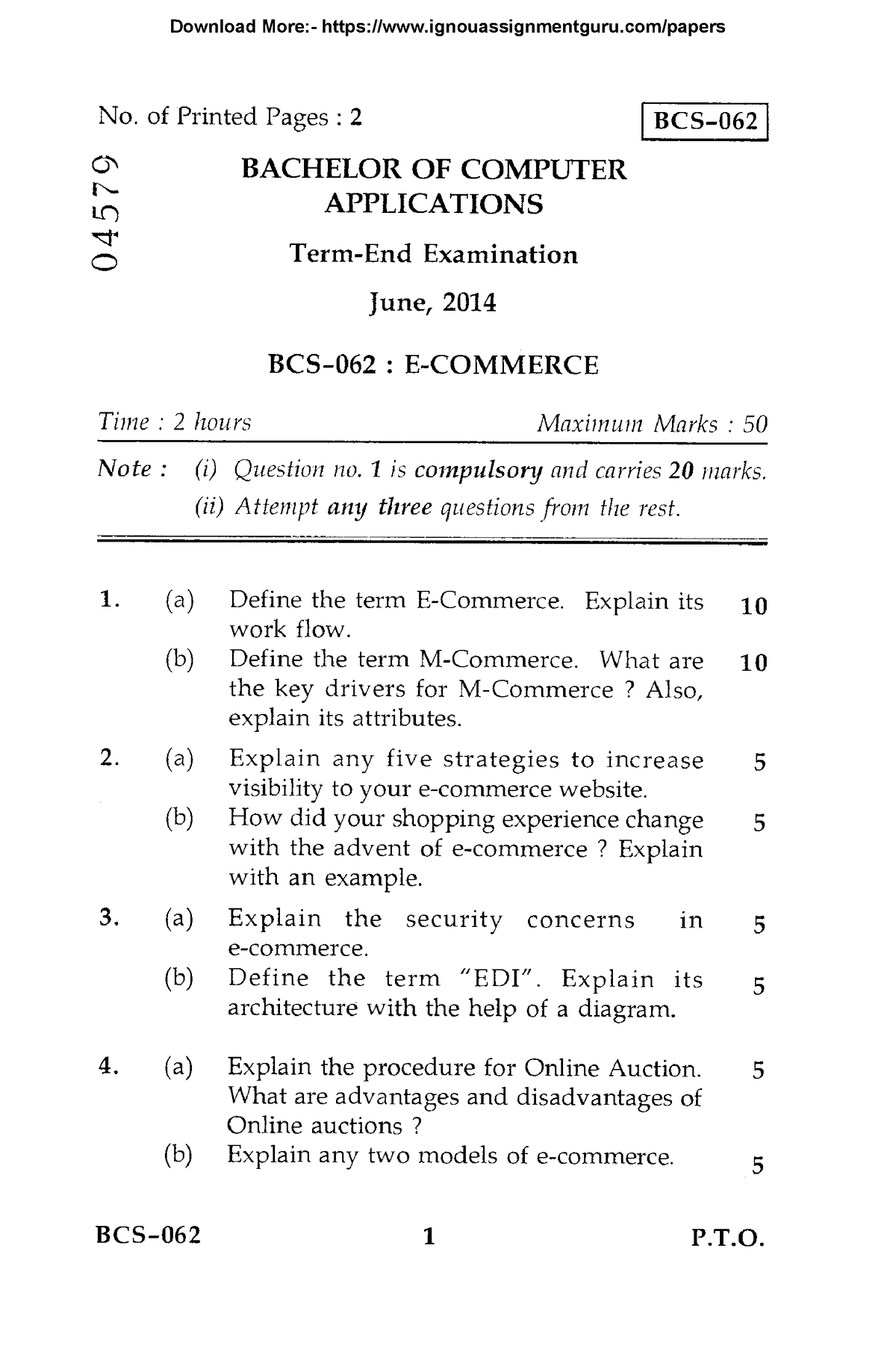 BCS 062 Previous Year Question Papers By Ignouassignmentguru - No. Of ...