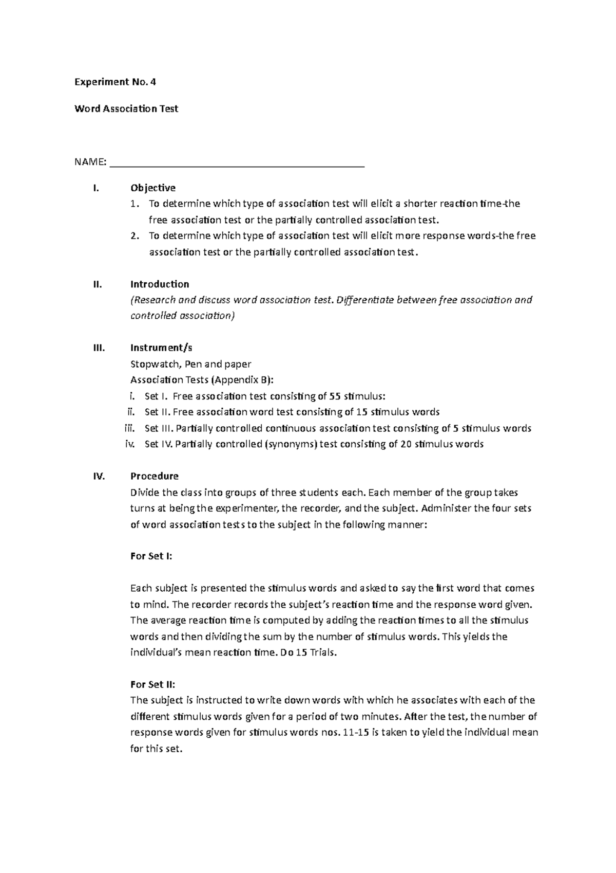 Experiment No 4 - 4 Word Association Test NAME