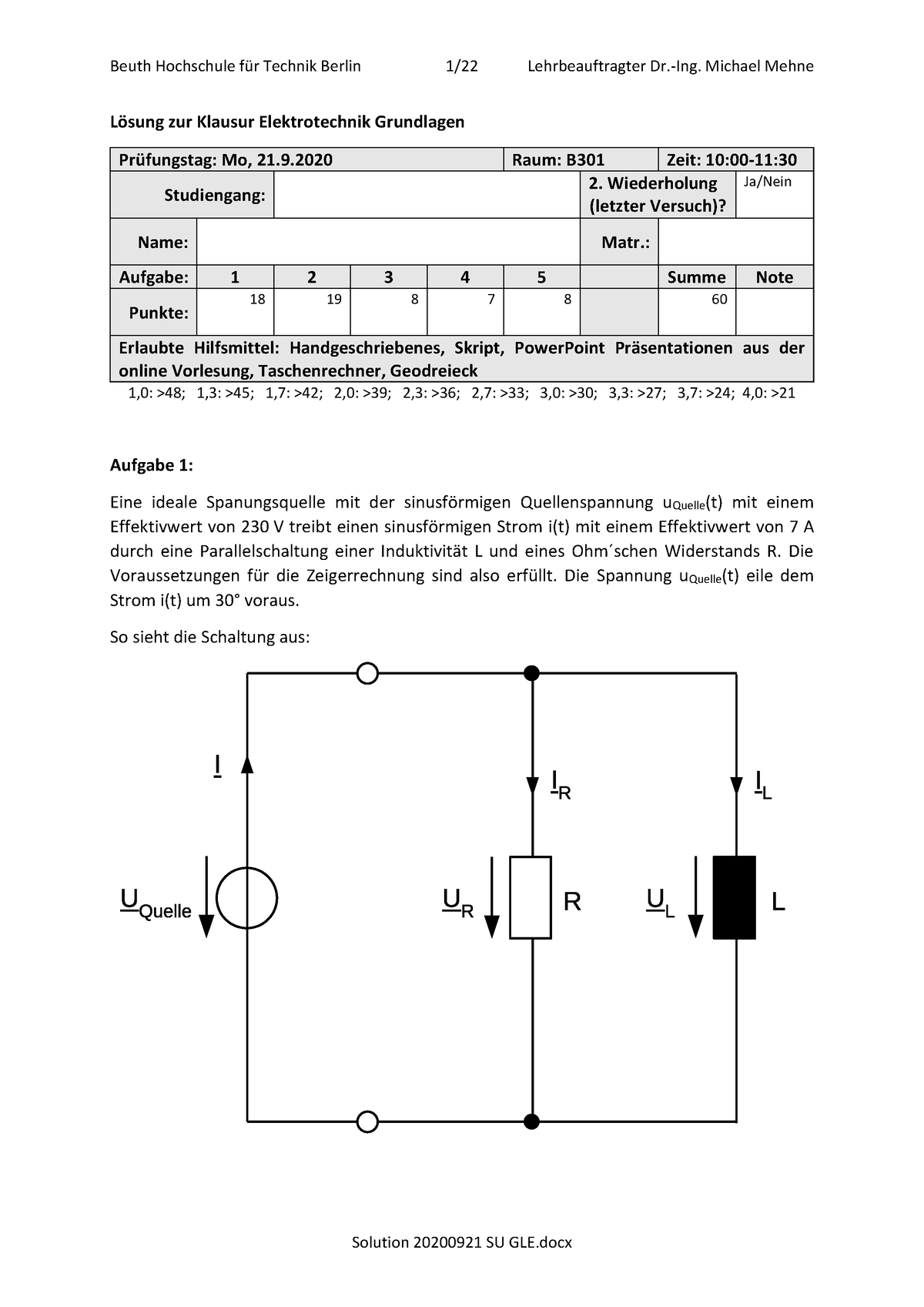 21 - Elektro - Lösung Zur Klausur Elektrotechnik Grundlagen Prüfungstag ...