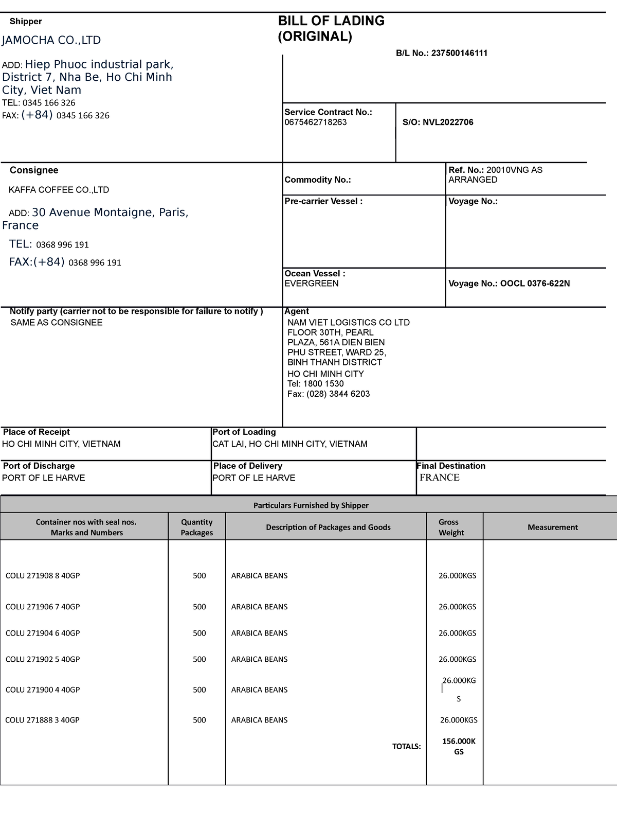 Bill Of Lading - Shipper BILL OF LADING JAMOCHA CO.,LTD (ORIGINAL) B/L ...