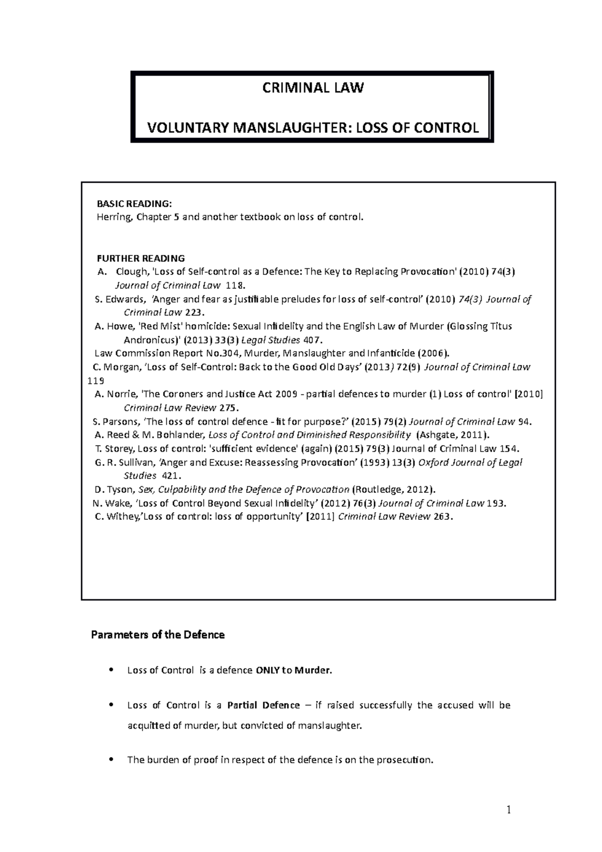 7. Partial Defences to Murder - Loss of Control - CRIMINAL LAW ...