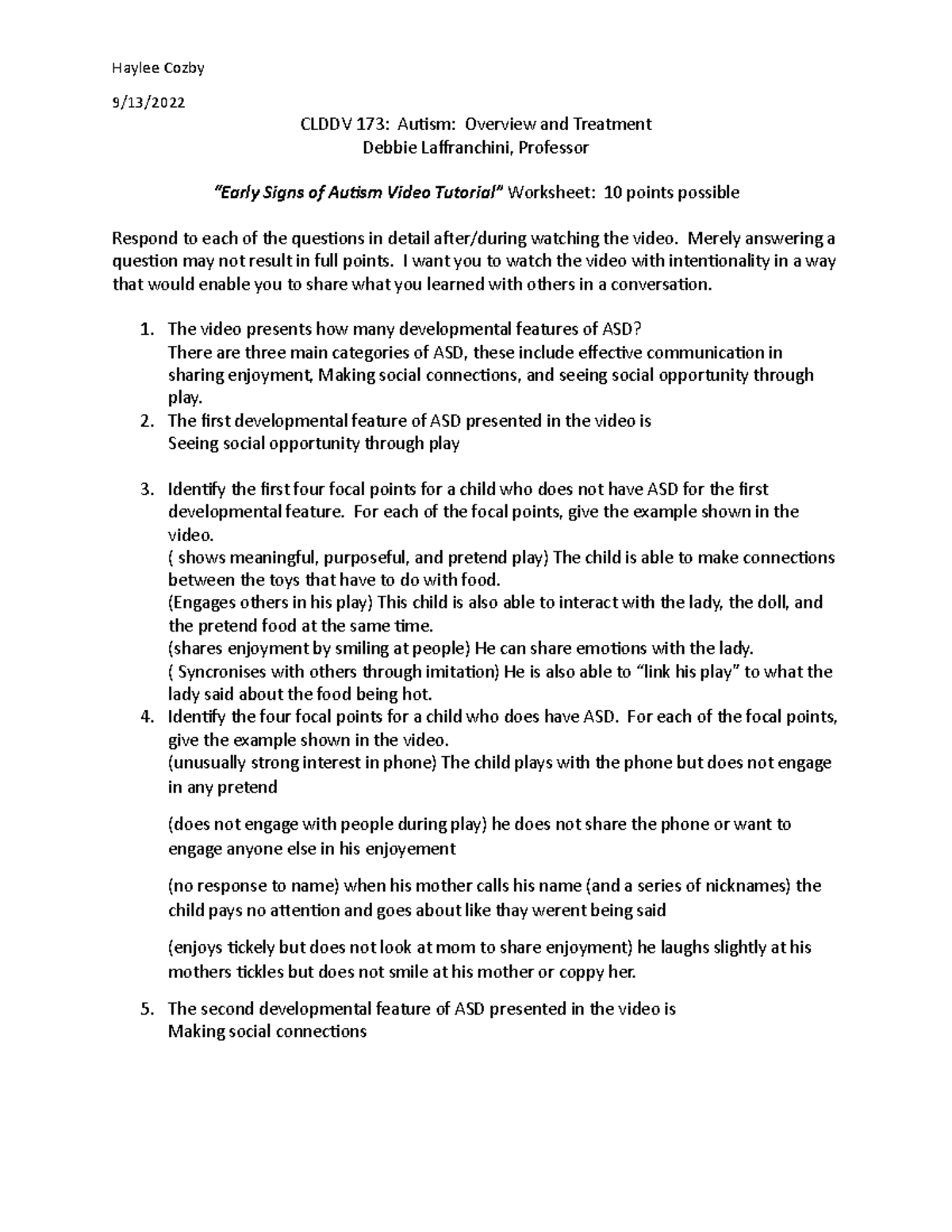 Early Signs of Autism Worksheet Haylee Cozby 9/13/ CLDDV 173 Autism