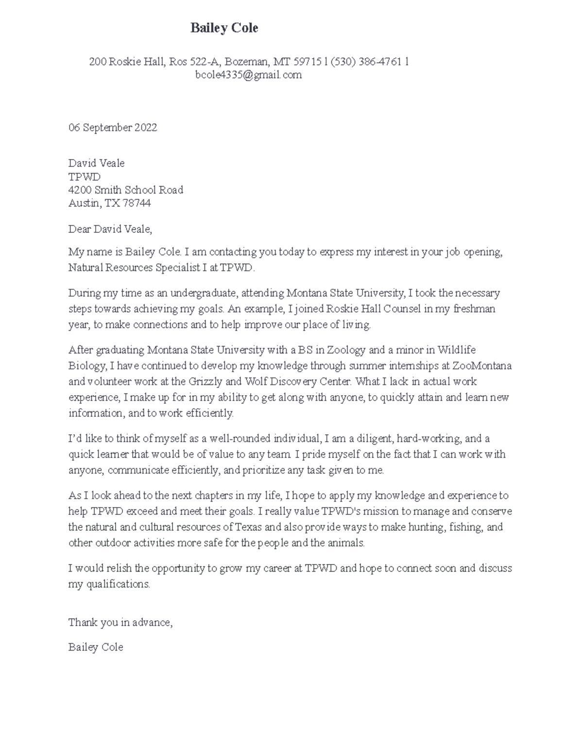 Cover Letter - The first assignment - Bailey Cole 200 Roskie Hall, Ros ...