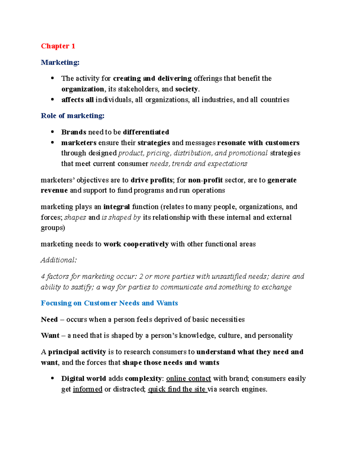 Review chapter 1-2-3-5 - Chapter 1 Marketing: The activity for creating ...