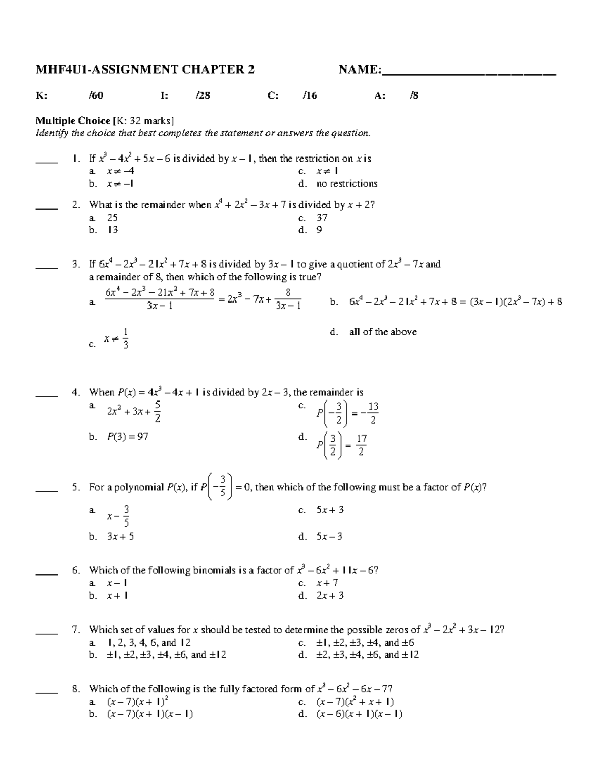 Assignment 2 Starry Lab Asssignment 2 - MHF4U1-ASSIGNMENT CHAPTER 2 ...