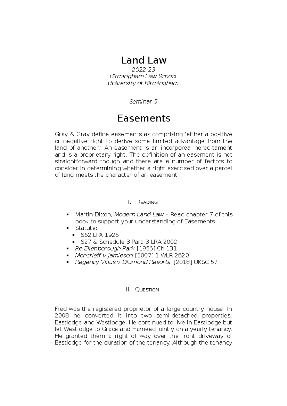 Land Seminar 5 - Easements - Land Law 2022- Birmingham Law School 