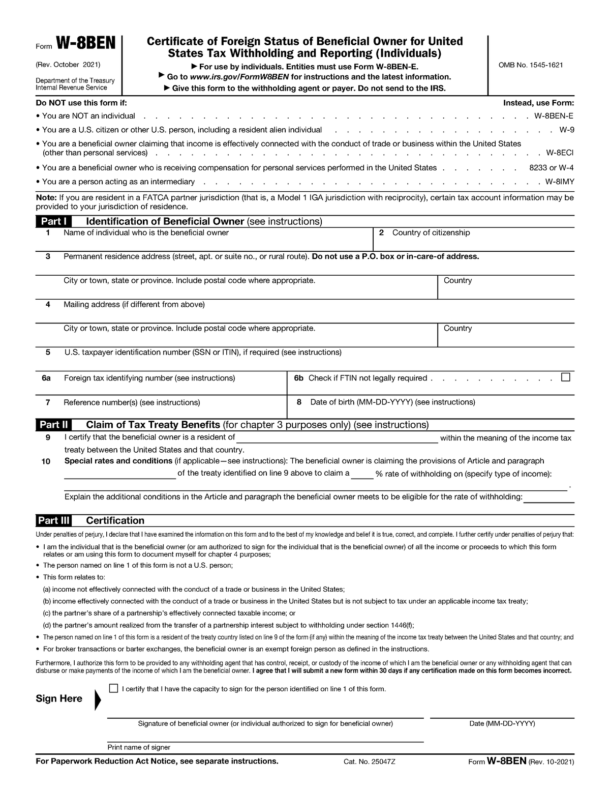 Fw8ben-1 - Facebook tax form - Form W-8BEN (Rev. October 2021 ...