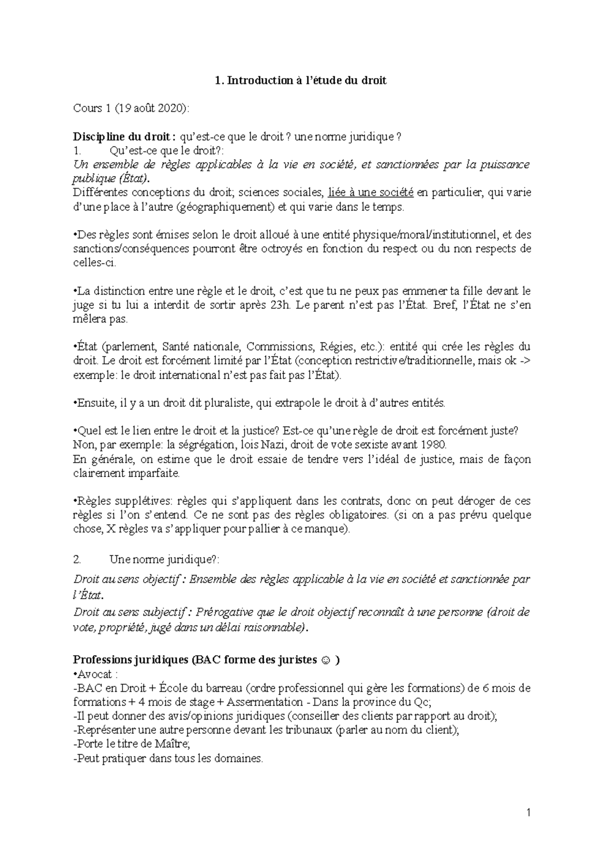 Introduction au droit - note de cours - 1. Introduction à l’étude du ...