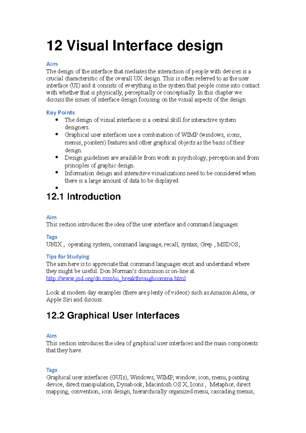 Study Notes Ch 12 12 Visual Interface design Aim The design of the
