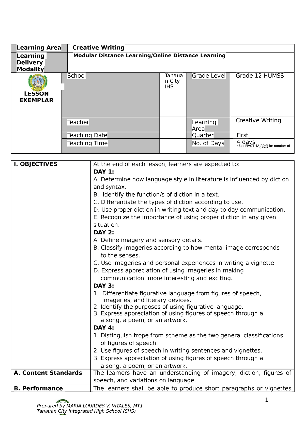 Week 1 Creative Writing Lesson Exemplar Learning Area Creative 