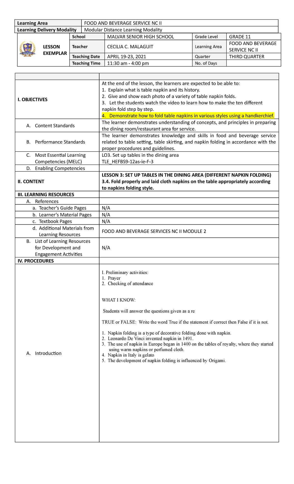 FBS Lesson Exemplar Lesson 3 copy - Learning Area FOOD AND BEVERAGE ...