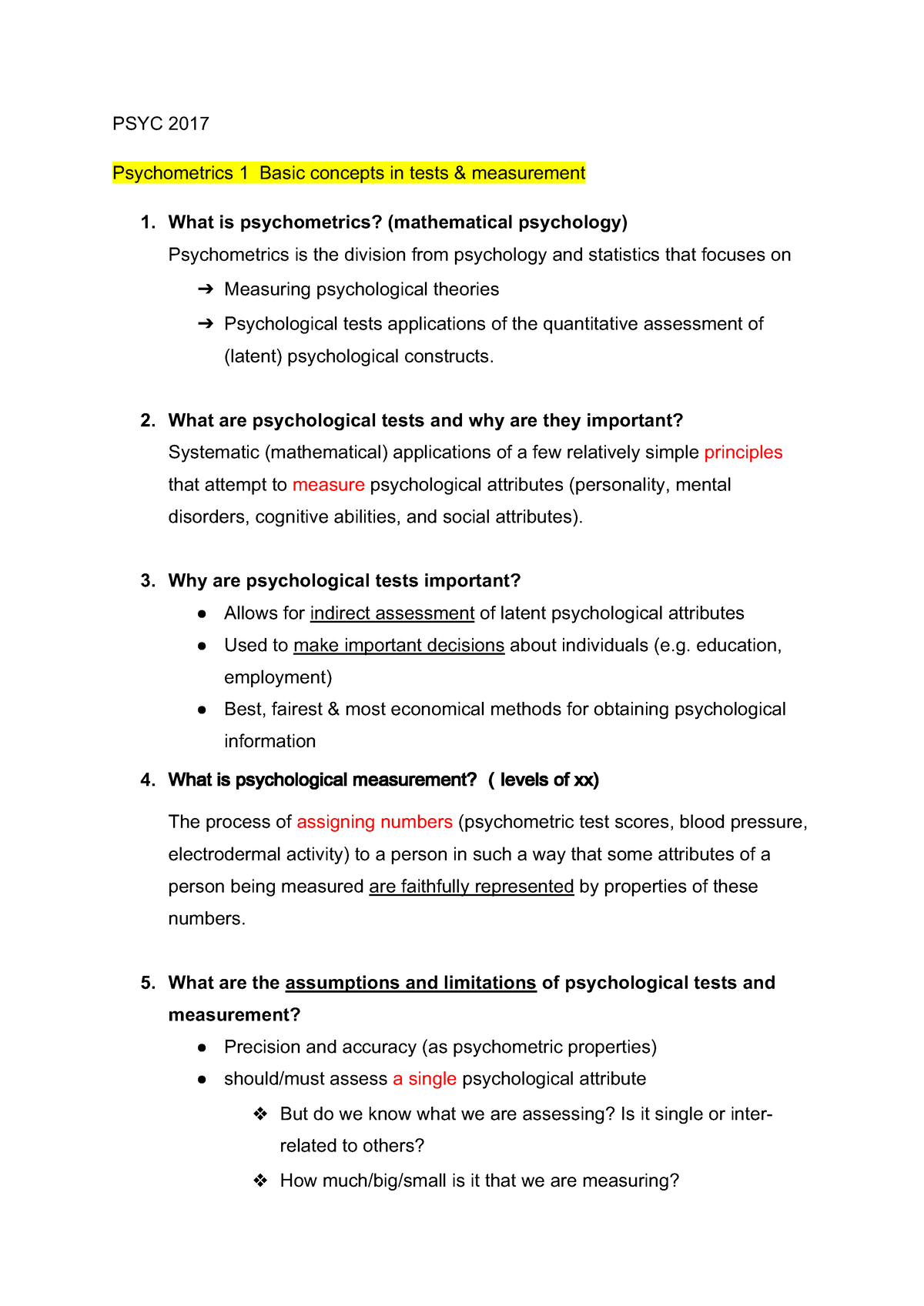 Psyc 2017 Exam Notes - PSYC 2017 Psychometrics 1 Basic Concepts In ...