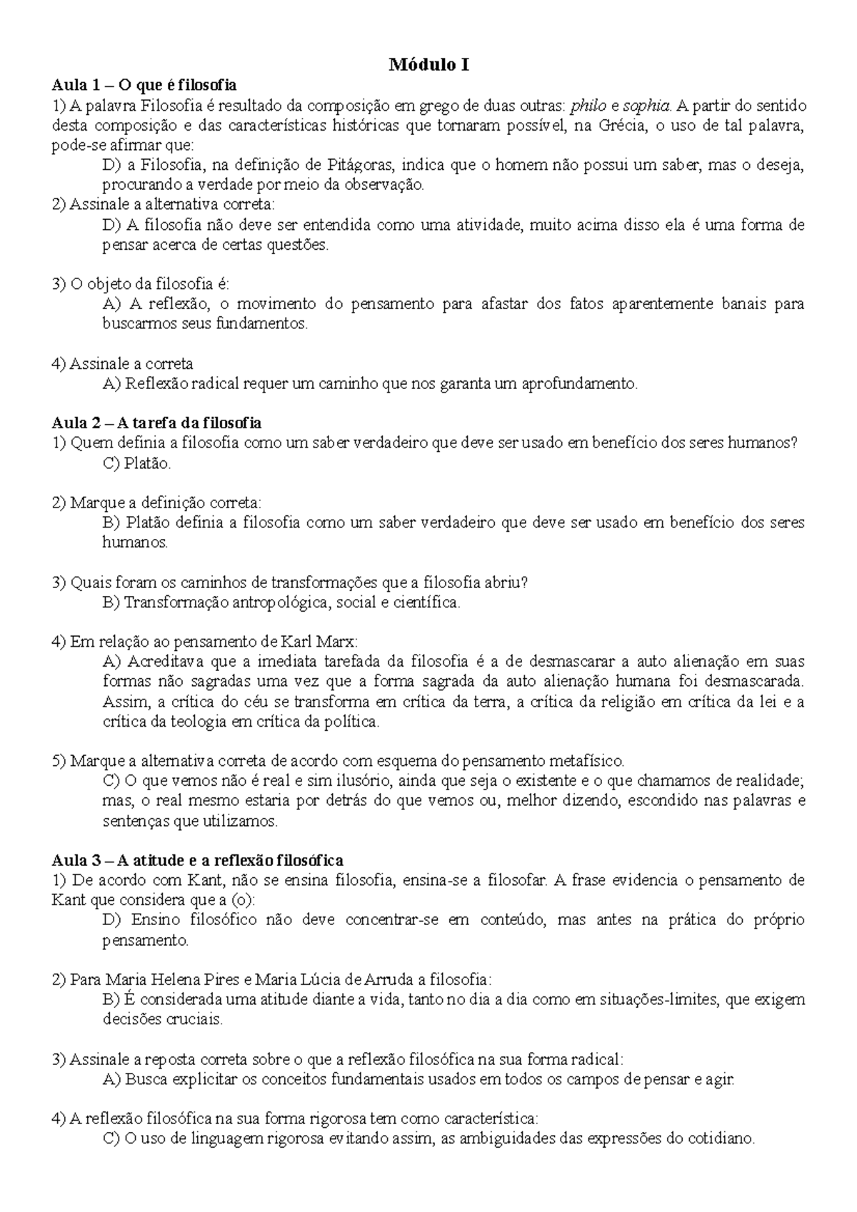 Exercícios De Filosofia - Módulo I Aula 1 – O Que é Filosofia 1) A ...