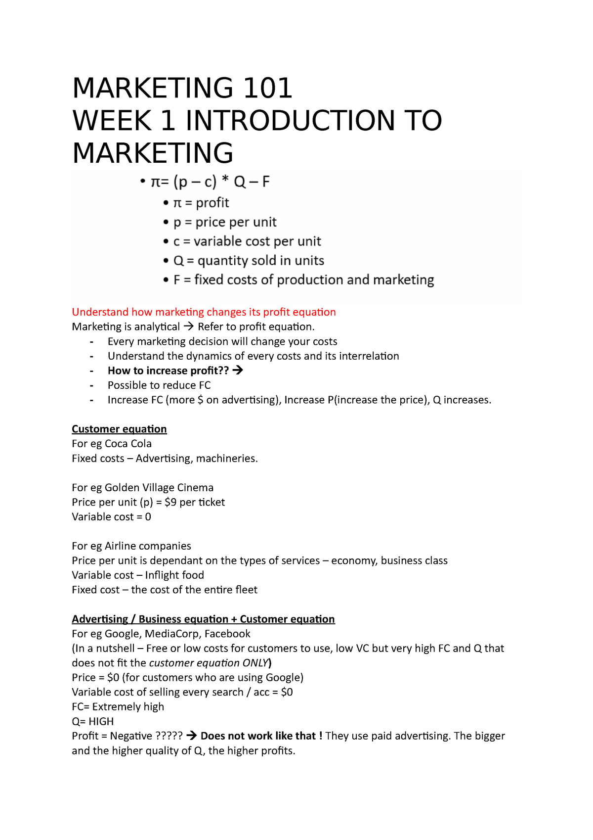 MKTG101 Notes (Week 1-5) - MARKETING 101 WEEK 1 INTRODUCTION TO ...