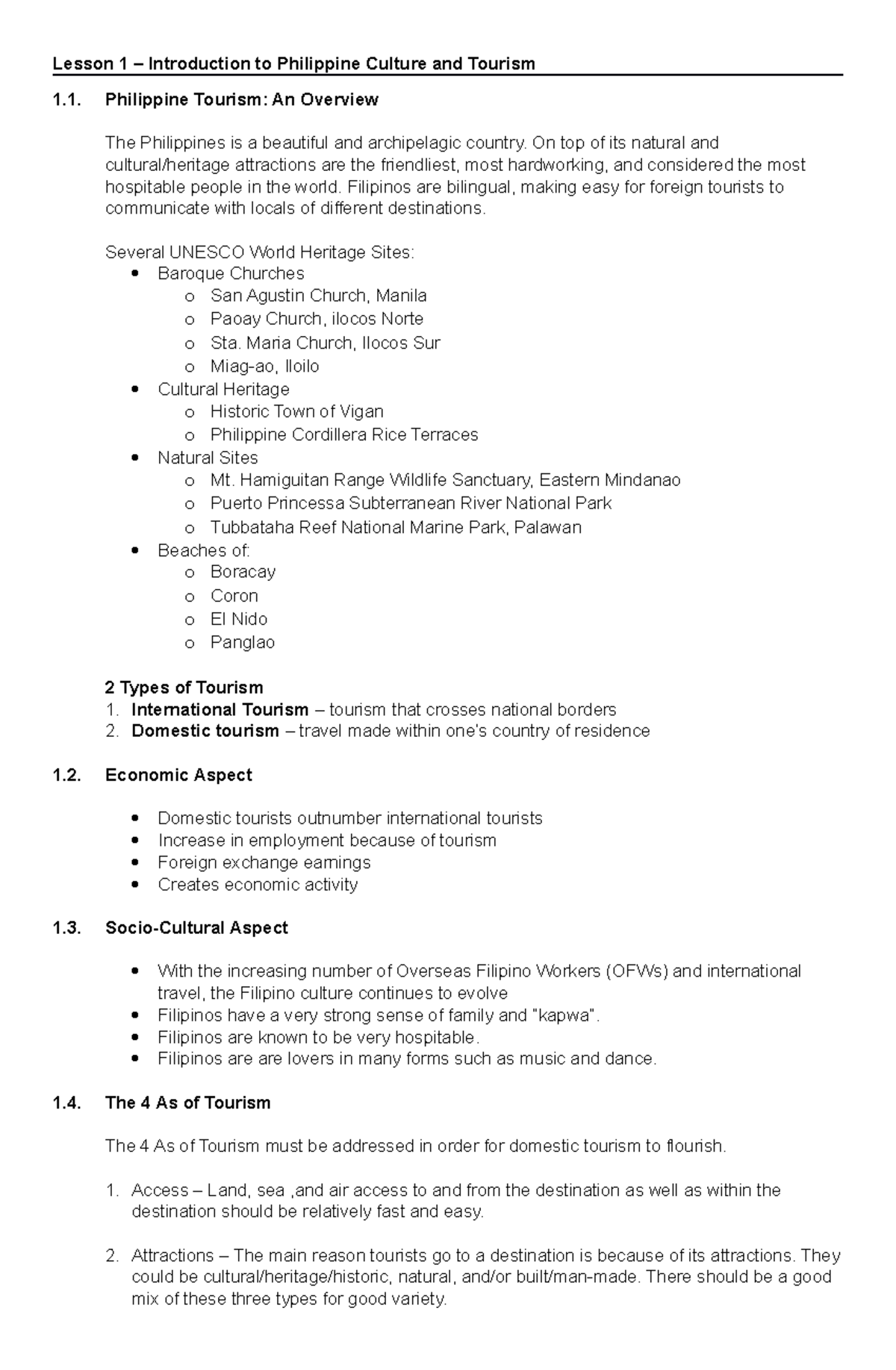 Lesson 1 - Introduction to Philippine Culture and Tourism - Lesson 1 ...