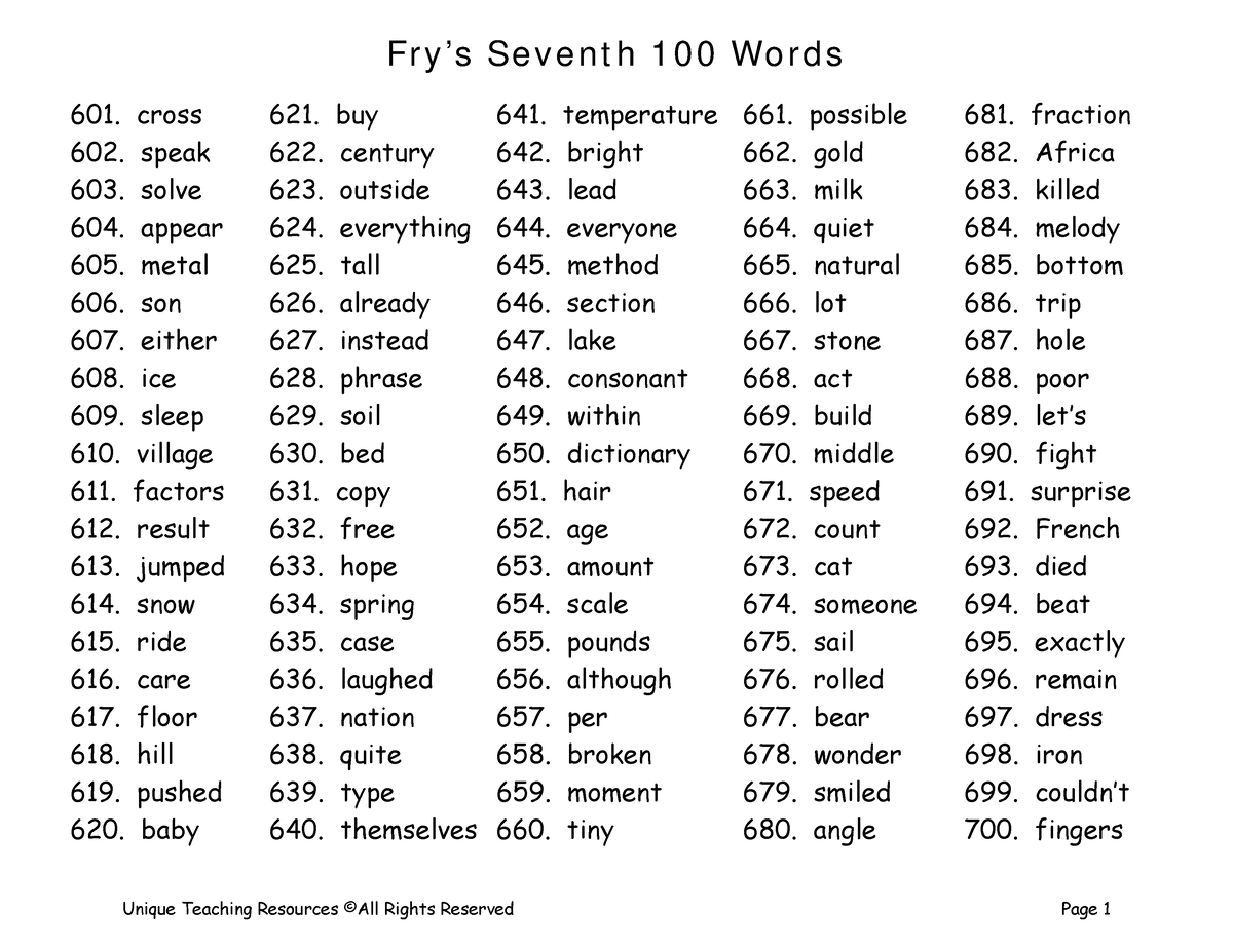 Frys Seventh 100 Words - English - ####### Unique Teaching Resources ...