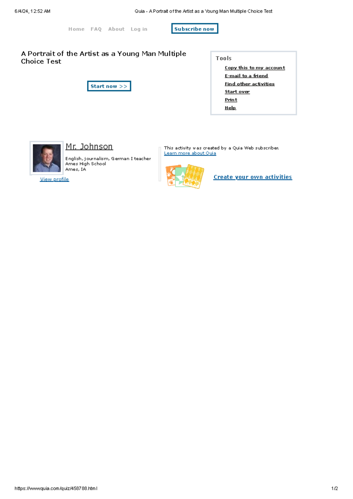 Quia - A Portrait of the Artist as a Young Man Multiple Choice Test ...