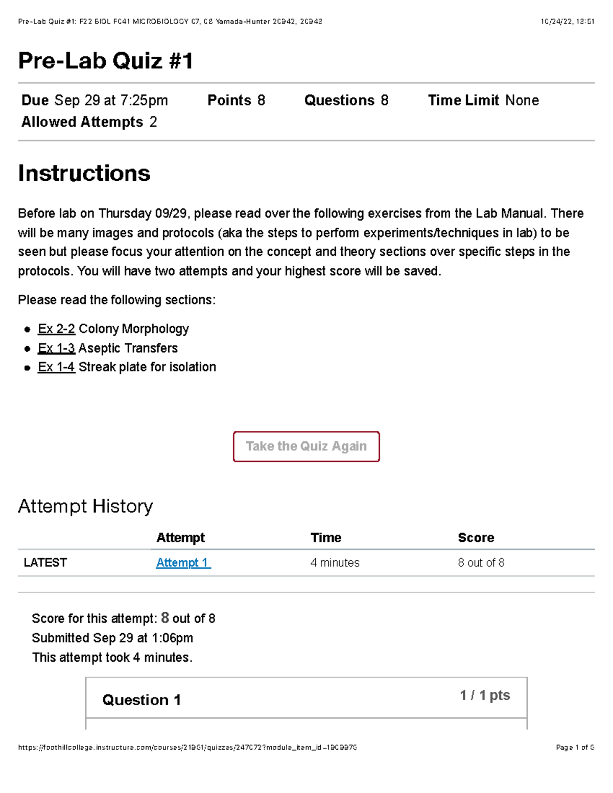 PreLab Quiz 1 PreLab Quiz Due Sep 29 at 725pm Points 8 Questions