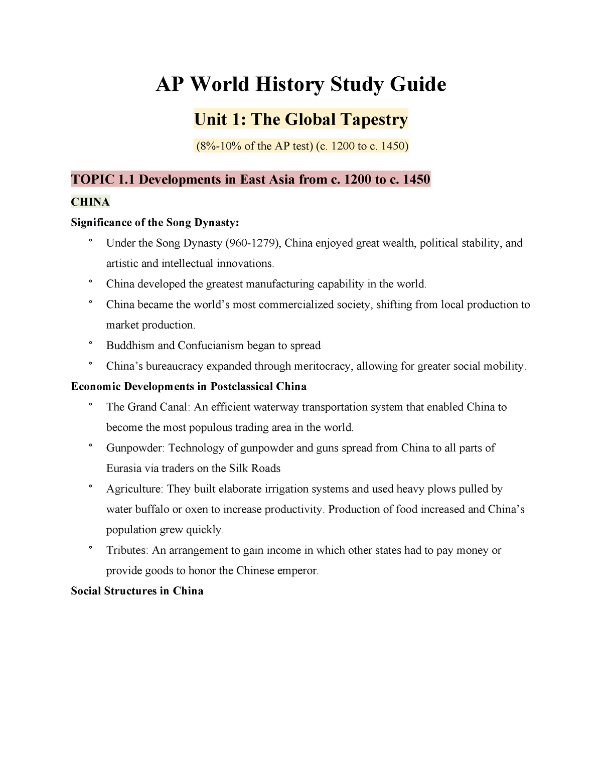 SS AP World History - AP World History Study Guide Unit 1: The Global ...