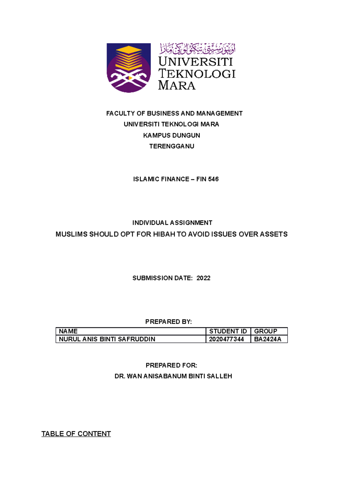 [FIN546] Individual Assignment - FACULTY OF BUSINESS AND MANAGEMENT ...