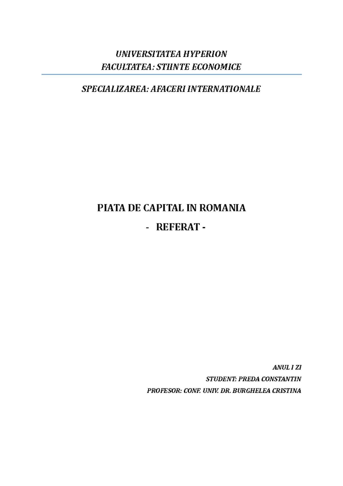 Piata DE Capital IN Romania UNIVERSITATEA HYPERION FACULTATEA