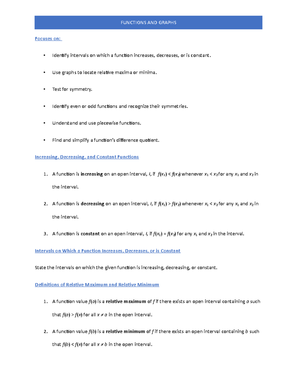 Functions and Graphs - Lecture notes Chapter 2 - Focuses on: - Identify ...