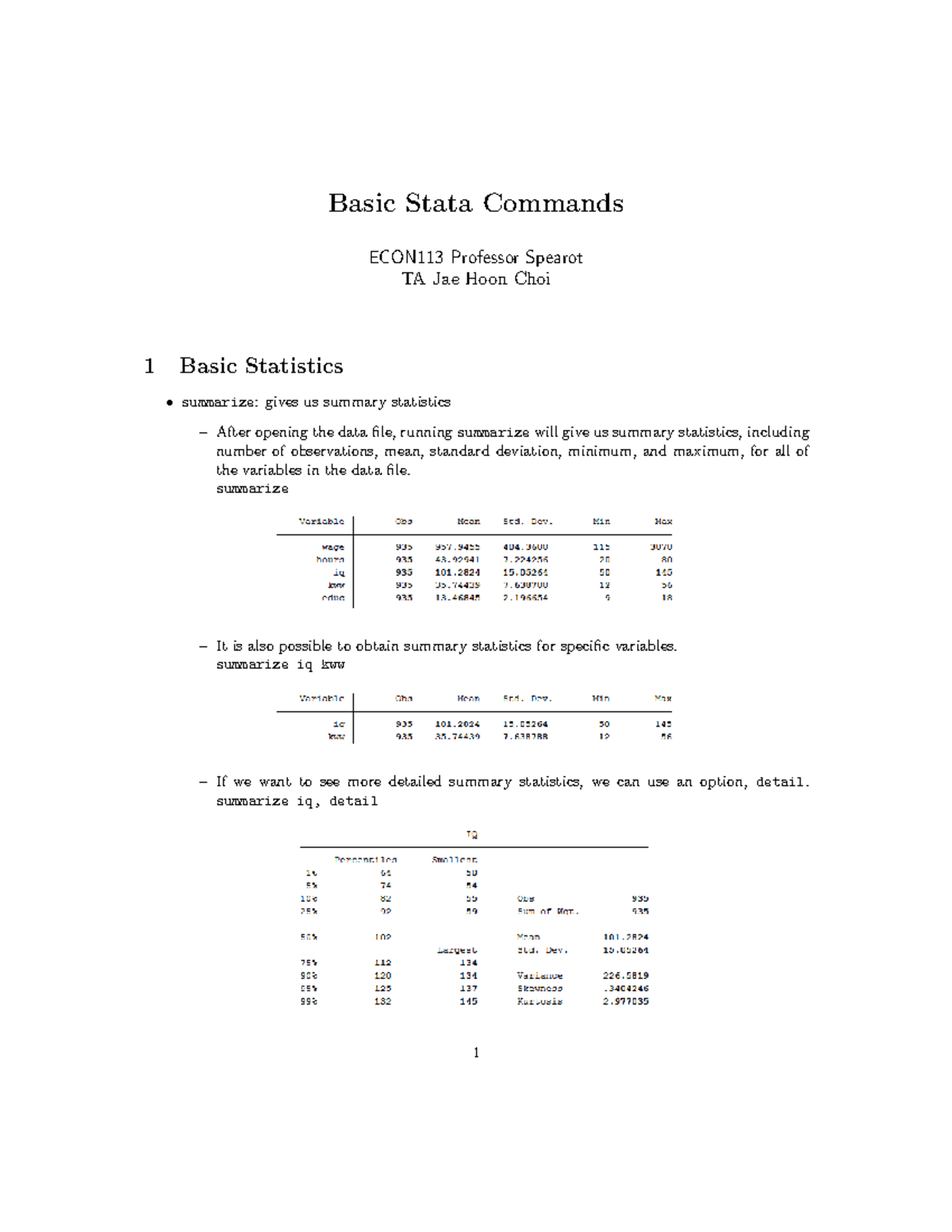 Basic tutorial stata - Basic Stata Commands ECON113 Professor Spearot ...
