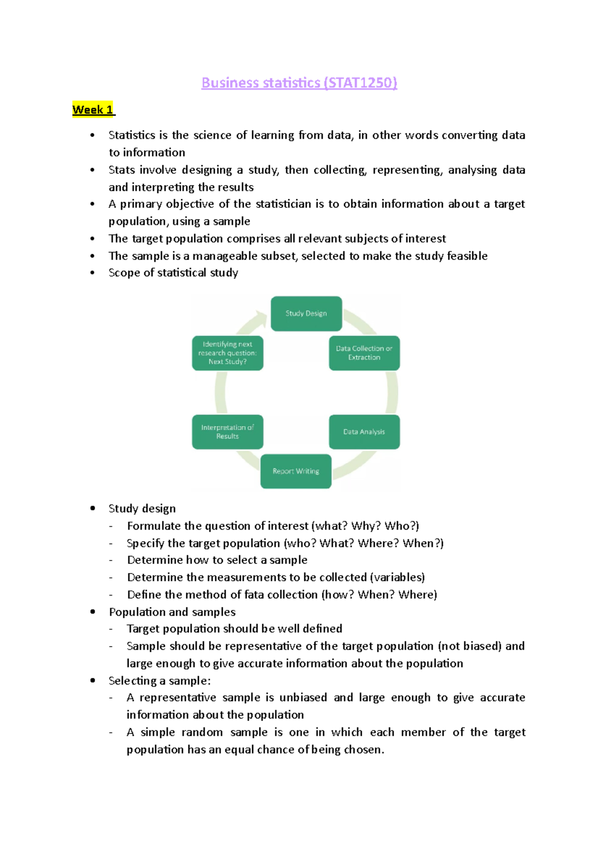 Business Statistics Lecture Notes - Business Statistics (STAT1250) Week ...