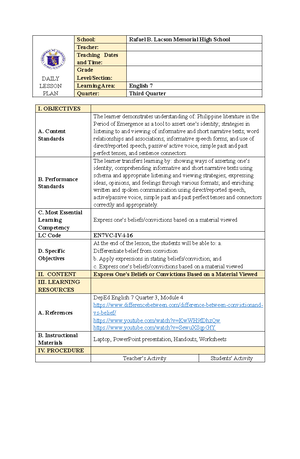 Pre-Demo-1 - lesson plan - PRE-DEMONSTRATION School: Rafael B. Lacson ...