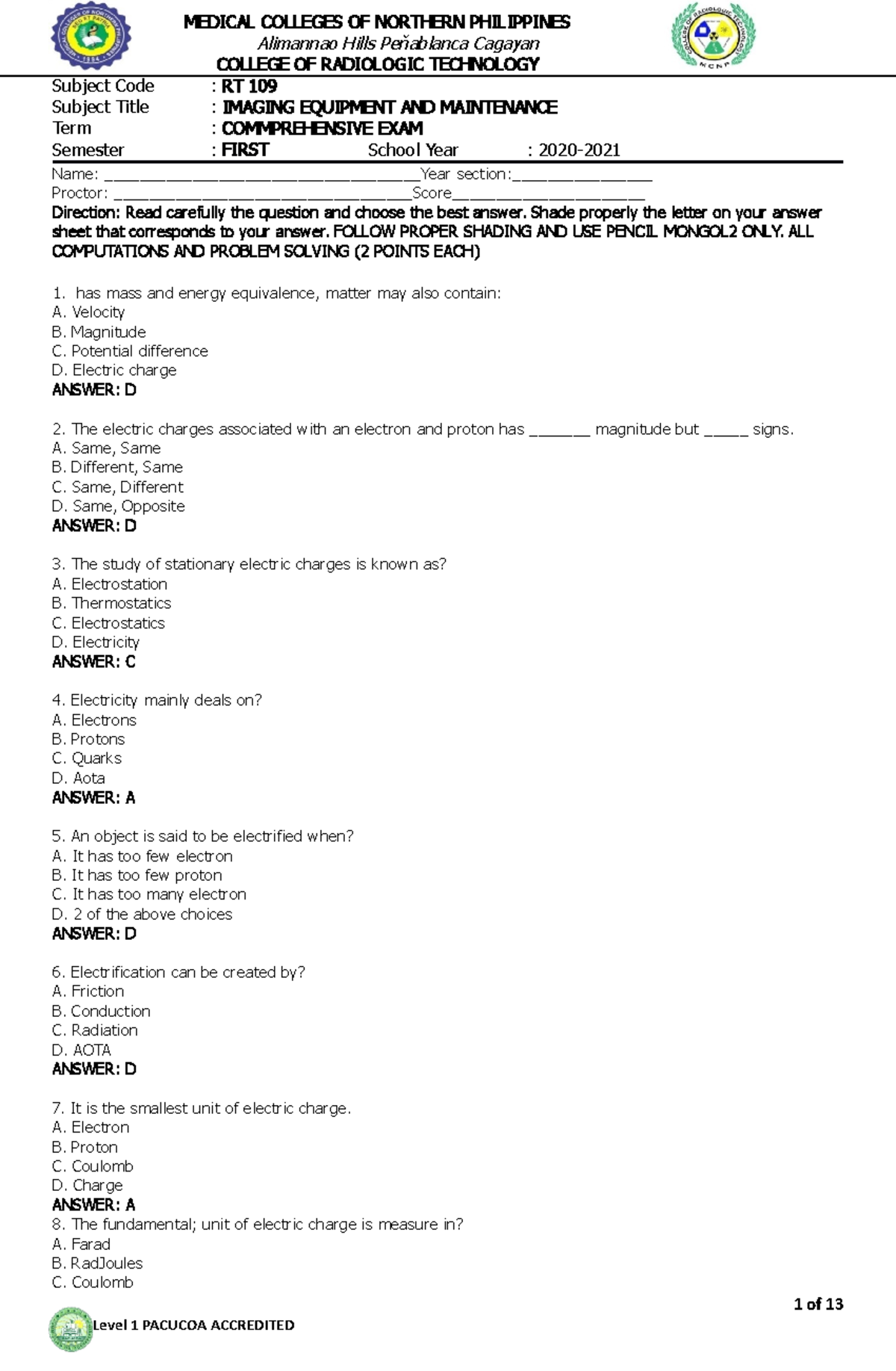 Imaging Equipment AND Maintenance Compre MEDICAL COLLEGES OF NORTHERN