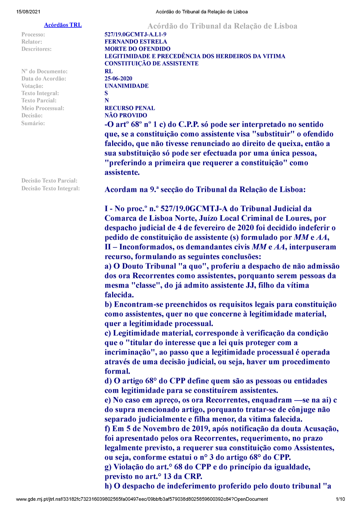 Acórdão Do Tribunal Da Relação De Lisboa Acórdãos Trl Acórdão Do Tribunal Da Relação De Lisboa 1736