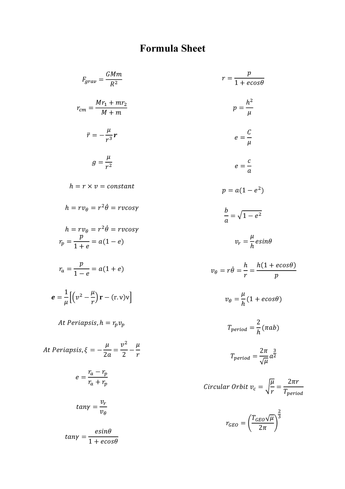 Formula Sheet - Formula Sheet 𝐹𝑔𝑟𝑎𝑣= 𝐺𝑀𝑚 𝑅 2 𝑟𝑐𝑚= 𝑀𝑟 1 + 𝑚𝑟 2 𝑀 + 𝑚 𝑟̈ ...