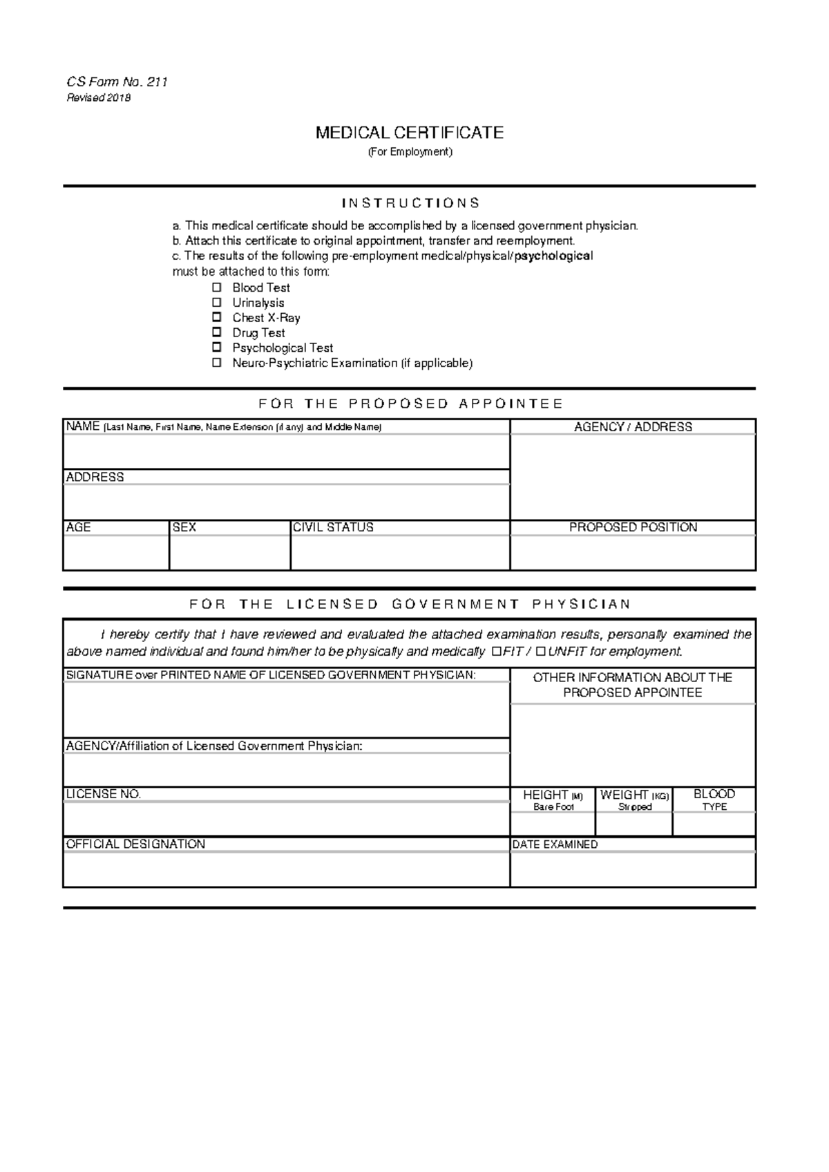 Medical Certificate CS Form No - CS Form No. 211 Revised 2018 a. This ...