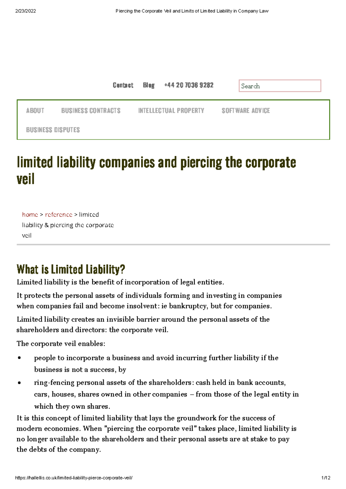 Piercing the Corporate Veil and Limits of Limited Liability in Company ...