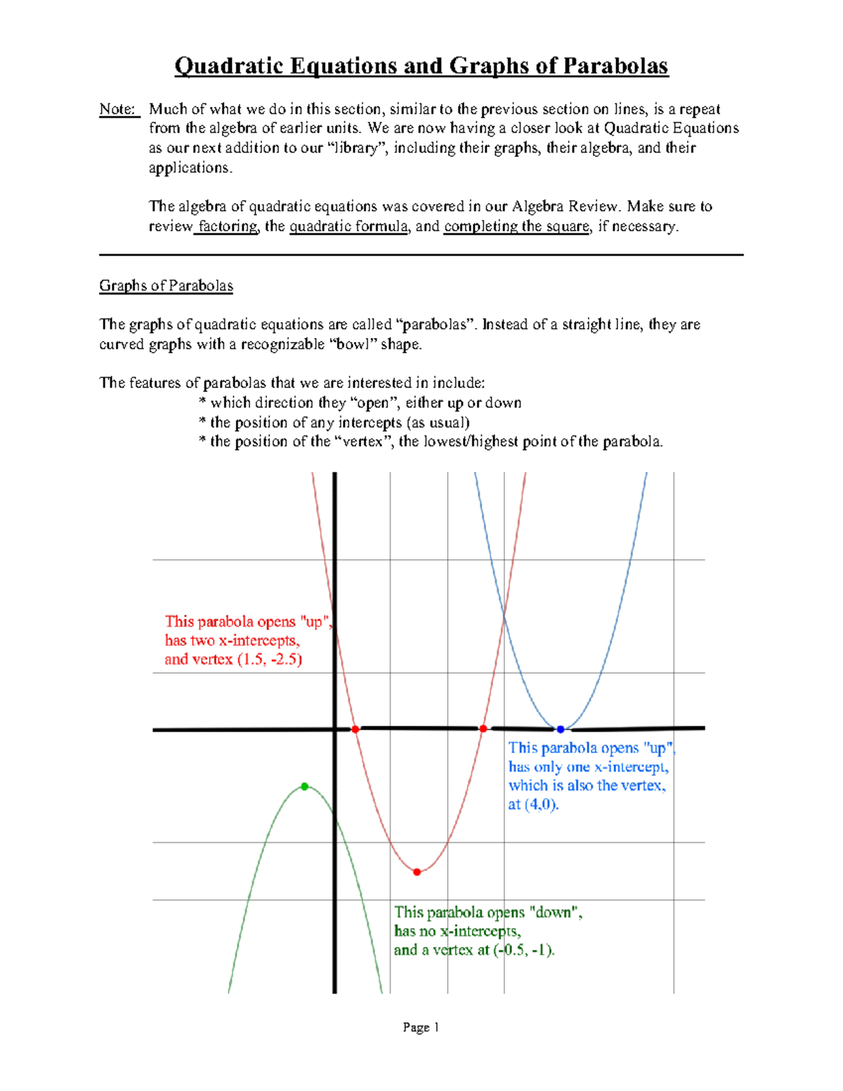 Notes - quadratic - Quadratic Equations and Graphs of Parabolas Note ...