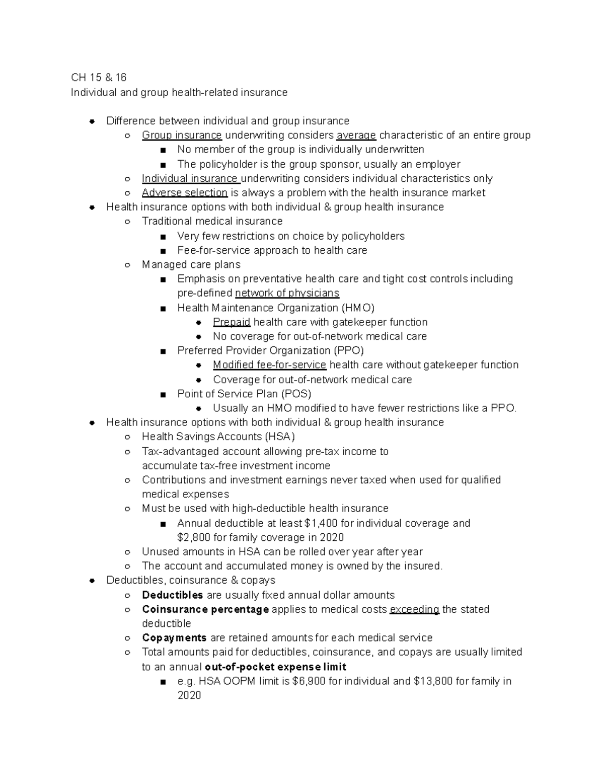 RMI 320- WEEK 11 Notes - individual and group health related insurance ...
