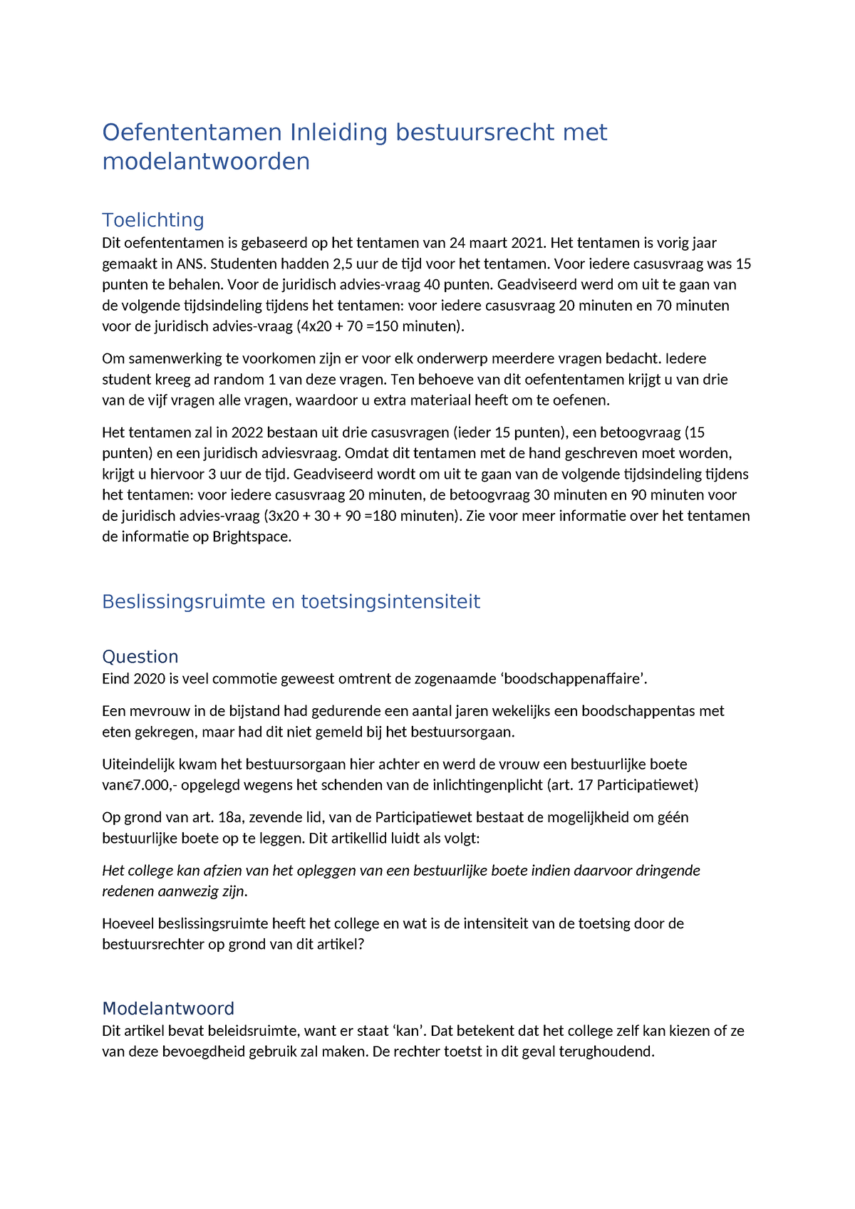 Voorbeeldtentamen Inleiding Bestuursrecht 24 Maart 2021 Met ...