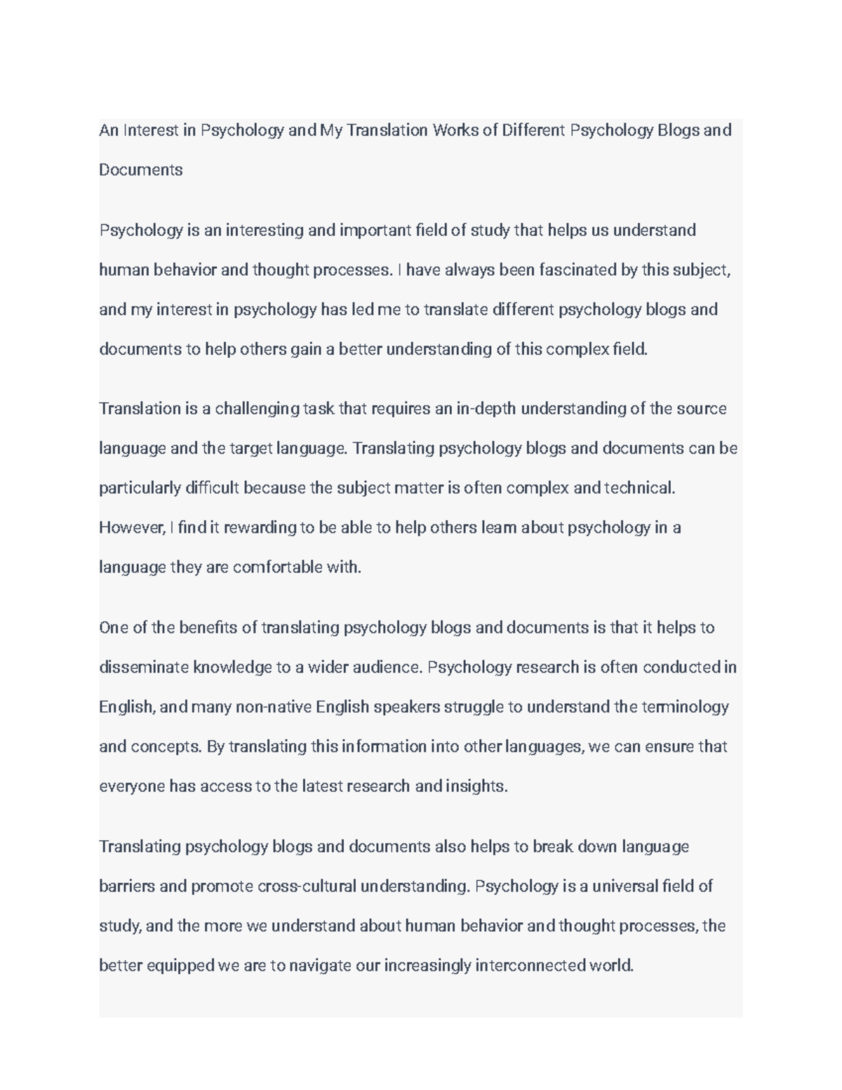 An Interest in Psychology and My Translation Works of Different Psychology Blogs and Documents