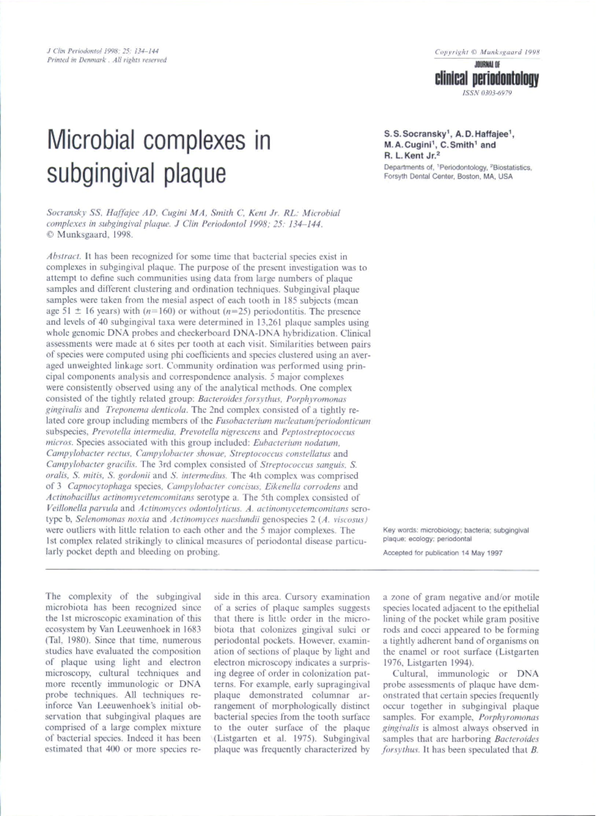 Microbial complexes in subgingival plaque - ####### ,/ Clin Periodontol ...