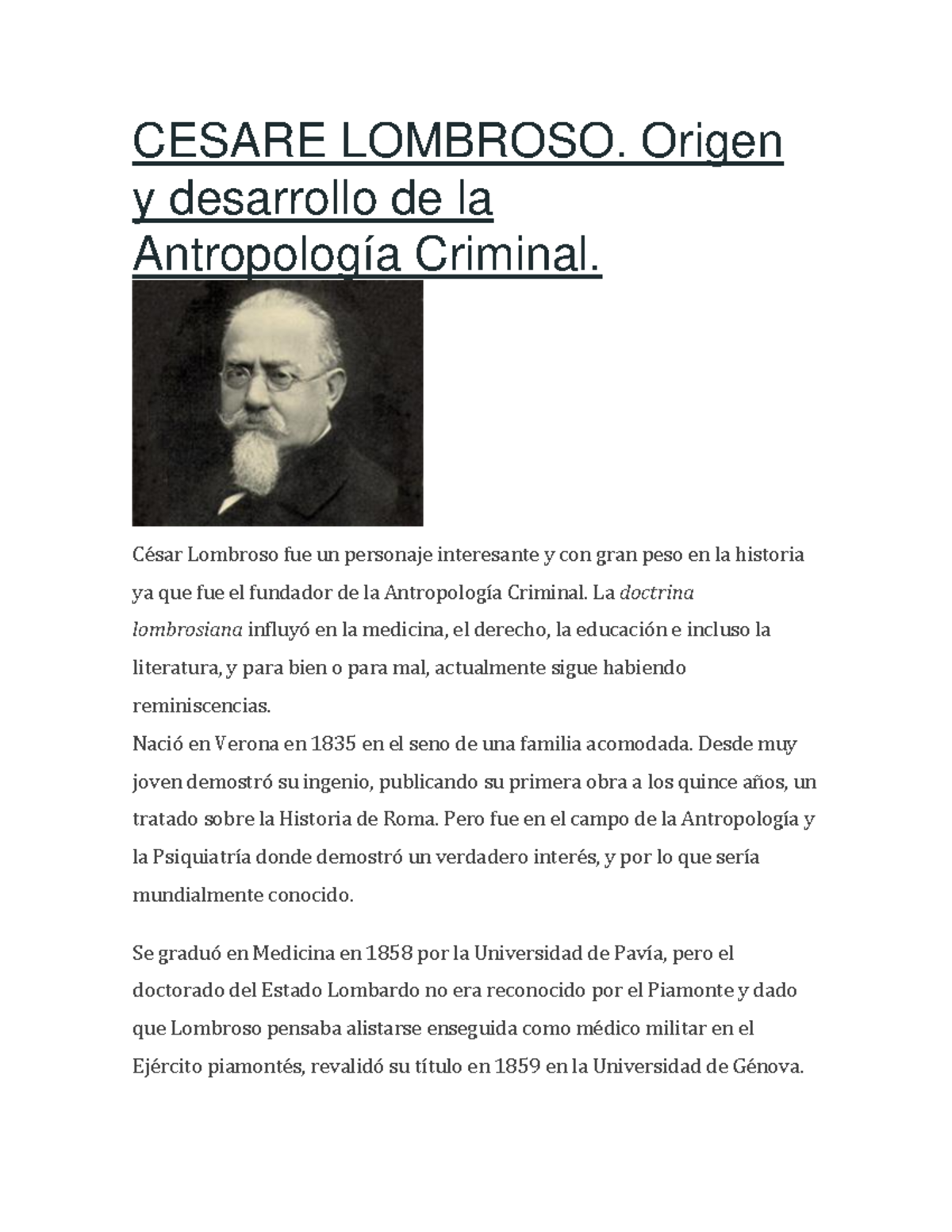 Cesare Lombroso personalidad del criminal CESARE LOMBROSO. Origen y desarrollo de la