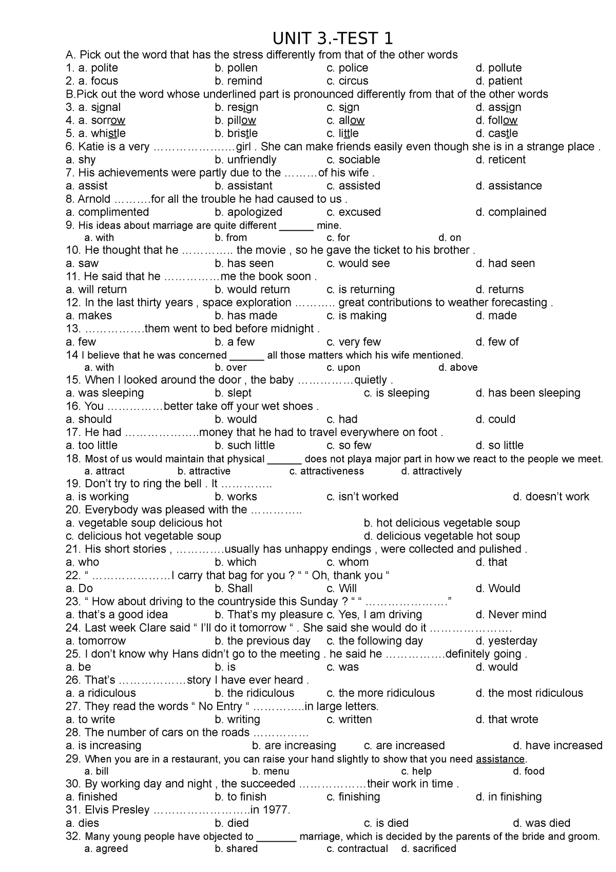 UNIT 3.- online - từ vựng - UNIT 3.-TEST 1 A. Pick out the word that ...