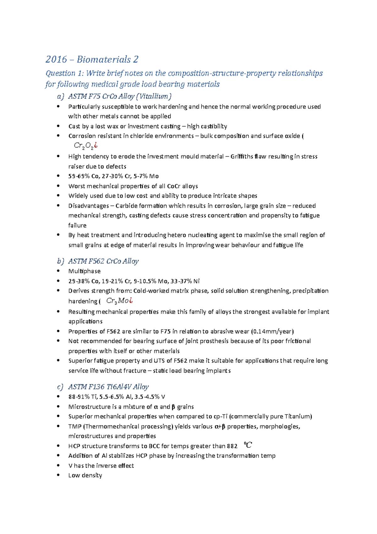 Exam May 2016, questions and answers 2016 Biomaterials 2 Question 1