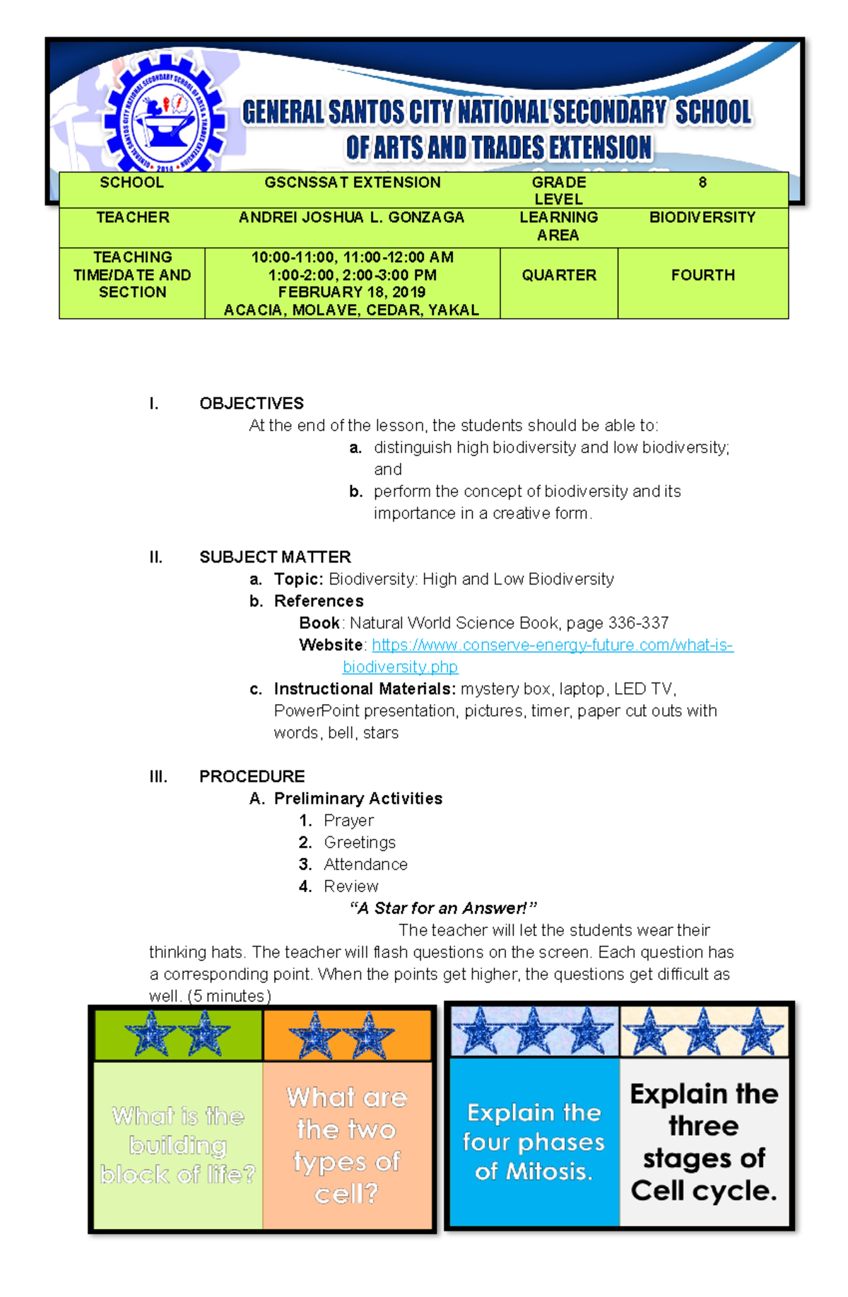 Lesson PLAN Biodiversity 4As - SCHOOL GSCNSSAT EXTENSION GRADE LEVEL 8 ...